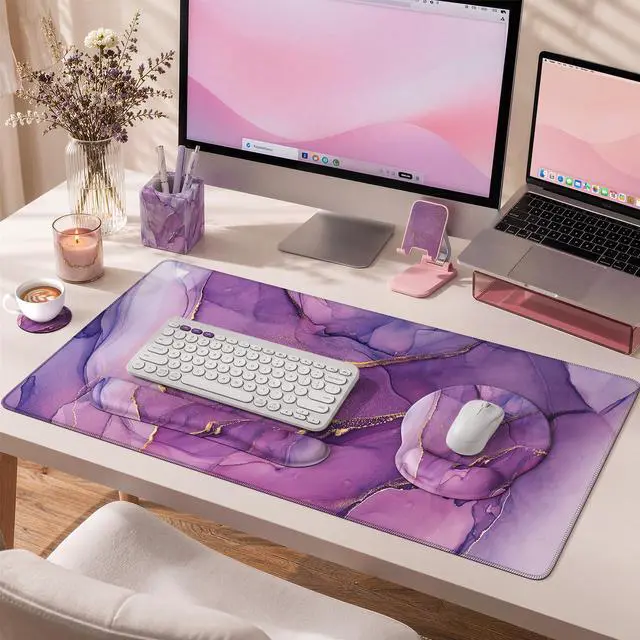 Main image of Purple Keyboard Mat 35.4"x15.7", Desk Blotter for Workspace Mousepad Set with Wrist Support and Coaster Set, Cozy Desk Cover Set for Gaming Vanity Women Office Workspace Area