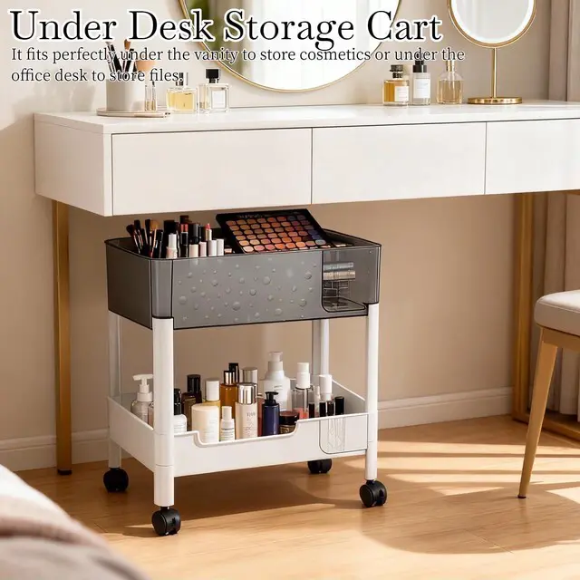 Alt view image 5 of 7 - 2 Tier Rolling Cart with Wheels for Under Desk Storage, Heavy Duty Plastic Short Small Utility Cart for Small Space Bathroom Vanity Makeup Organizer Pantry, 4.7'' Deep Baskets for Tall Bottles