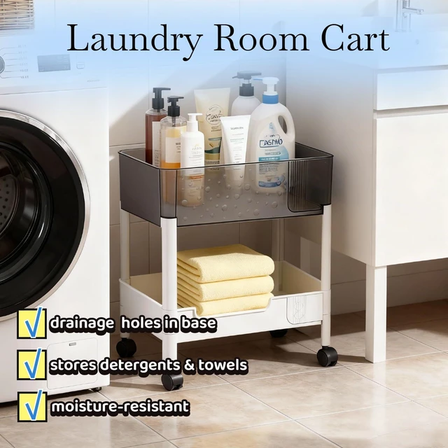 Alt view image 6 of 7 - 2 Tier Rolling Cart with Wheels for Under Desk Storage, Heavy Duty Plastic Short Small Utility Cart for Small Space Bathroom Vanity Makeup Organizer Pantry, 4.7'' Deep Baskets for Tall Bottles