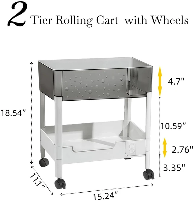 Alt view image 7 of 7 - 2 Tier Rolling Cart with Wheels for Under Desk Storage, Heavy Duty Plastic Short Small Utility Cart for Small Space Bathroom Vanity Makeup Organizer Pantry, 4.7'' Deep Baskets for Tall Bottles