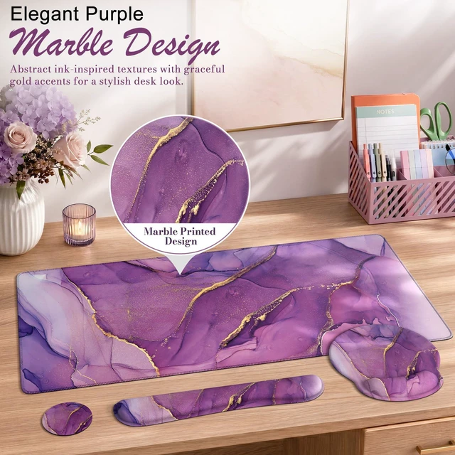 Alt view image 4 of 7 - Purple Keyboard Mat 35.4"x15.7", Desk Blotter for Workspace Mousepad Set with Wrist Support and Coaster Set, Cozy Desk Cover Set for Gaming Vanity Women Office Workspace Area
