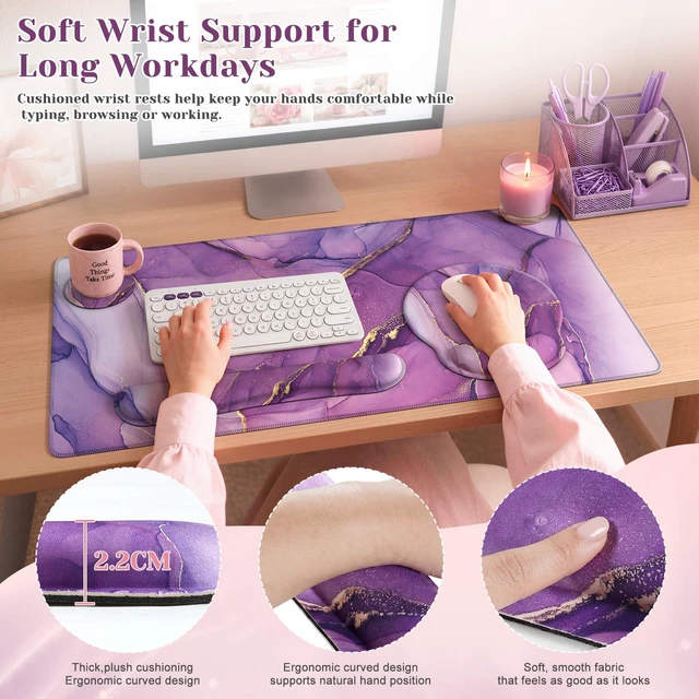 Alt view image 5 of 7 - Purple Keyboard Mat 35.4"x15.7", Desk Blotter for Workspace Mousepad Set with Wrist Support and Coaster Set, Cozy Desk Cover Set for Gaming Vanity Women Office Workspace Area