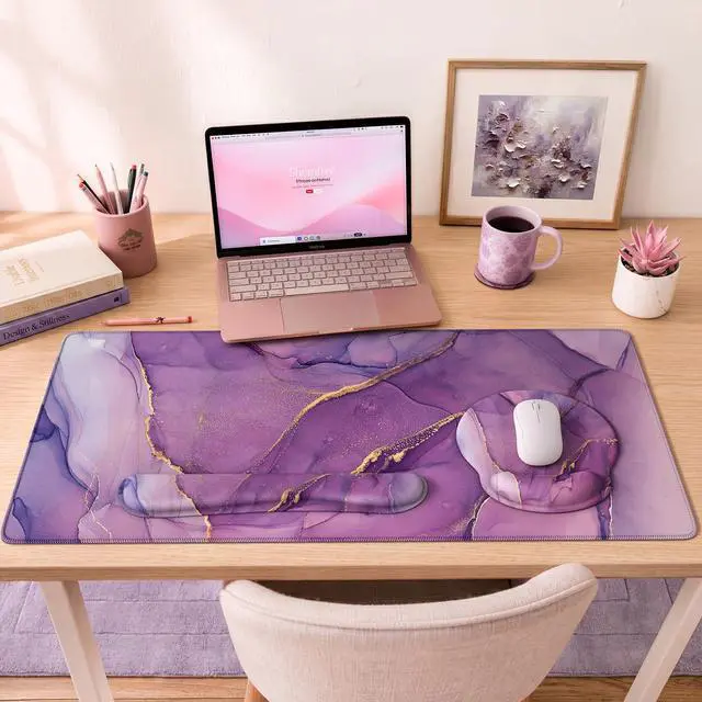 Alt view image 7 of 7 - Purple Keyboard Mat 35.4"x15.7", Desk Blotter for Workspace Mousepad Set with Wrist Support and Coaster Set, Cozy Desk Cover Set for Gaming Vanity Women Office Workspace Area