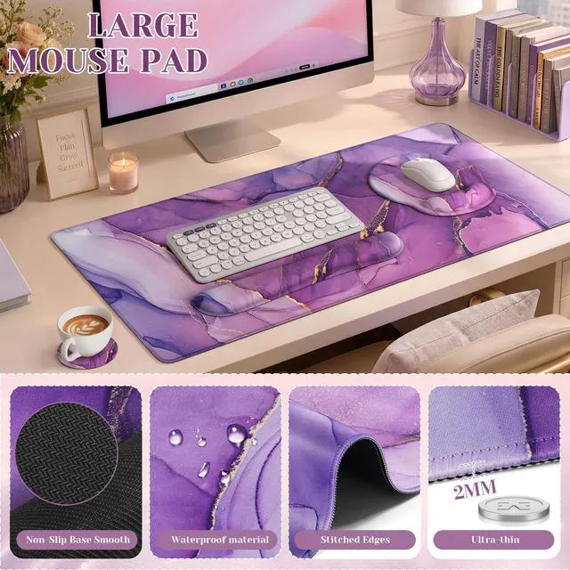 Alt view image 6 of 7 - Purple Keyboard Mat 35.4"x15.7", Desk Blotter for Workspace Mousepad Set with Wrist Support and Coaster Set, Cozy Desk Cover Set for Gaming Vanity Women Office Workspace Area