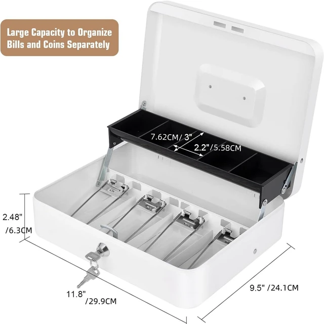 Alt view image 3 of 7 - Cash Box with Money Tray and Key Lock, Large Metal Safe Money Box for Cash, Locking Money Saving Organizer, Lock Box for Money Storage 11.8"x9.45"x3.54" White XL Large