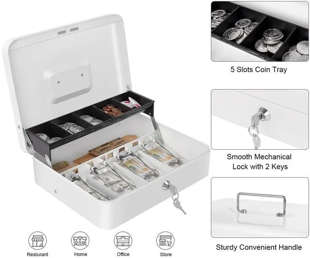 Alt view image 4 of 7 - Cash Box with Money Tray and Key Lock, Large Metal Safe Money Box for Cash, Locking Money Saving Organizer, Lock Box for Money Storage 11.8"x9.45"x3.54" White XL Large