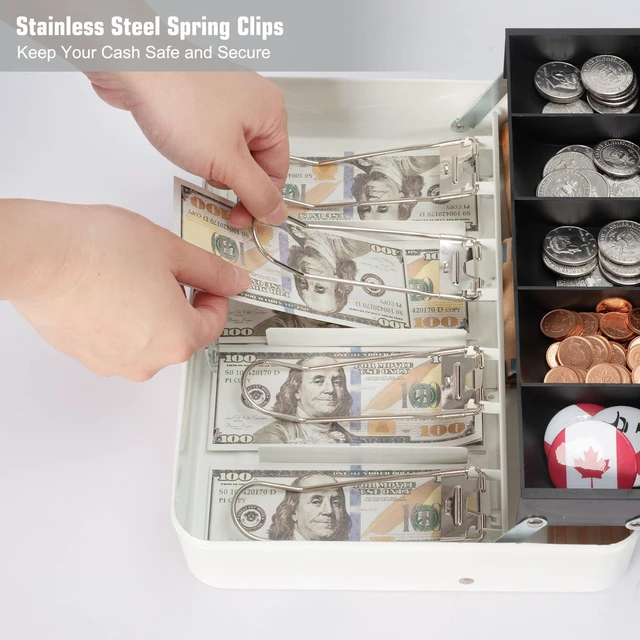 Alt view image 5 of 7 - Cash Box with Money Tray and Key Lock, Large Metal Safe Money Box for Cash, Locking Money Saving Organizer, Lock Box for Money Storage 11.8"x9.45"x3.54" White XL Large