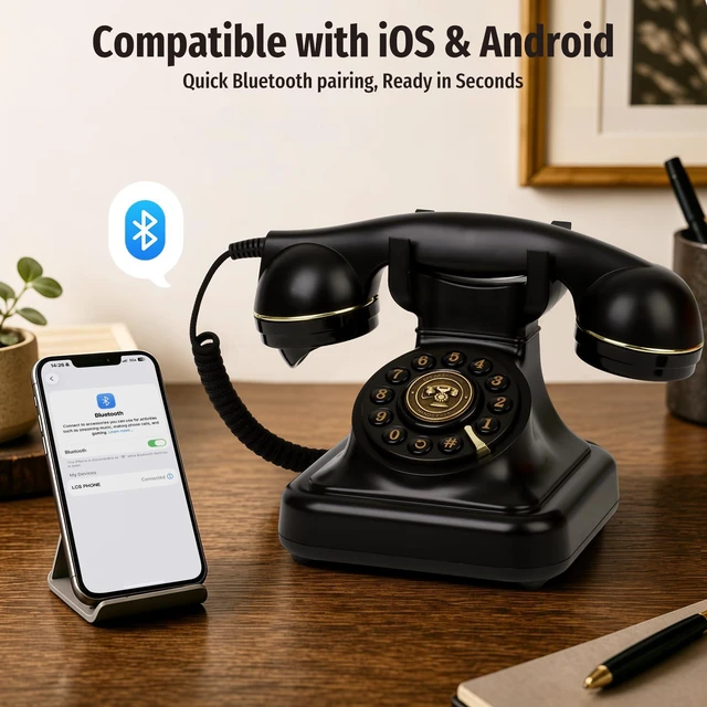 Alt view image 2 of 7 - Bluetooth Retro Phone with Speakerphone, Bluetooth Landline Telephone, Bluetooth Home Phone with USB Rechargeable Power, Hands-Free Calling & Music Playback, Black