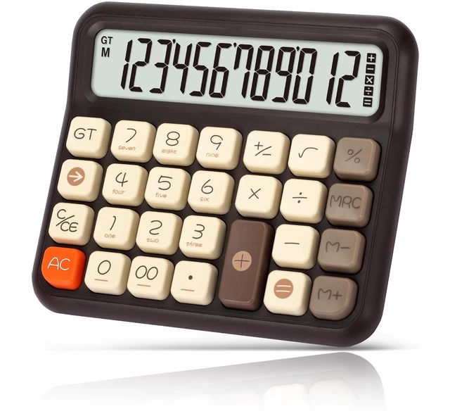 Main image of Cute Desk Calculator, 12-Digit LCD, Typewriter-Style Keys, Brown Desktop Basic Calculator with Big Buttons, 5-Inch Display, Battery Powered, 15° Tilt, Backspace, GT and Memory Functions