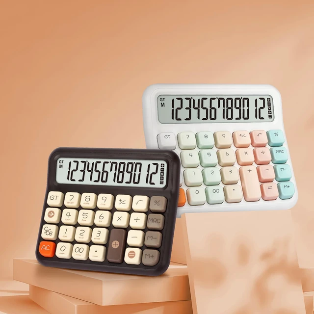 Alt view image 4 of 7 - Cute Desk Calculator, 12-Digit LCD, Typewriter-Style Keys, Brown Desktop Basic Calculator with Big Buttons, 5-Inch Display, Battery Powered, 15° Tilt, Backspace, GT and Memory Functions