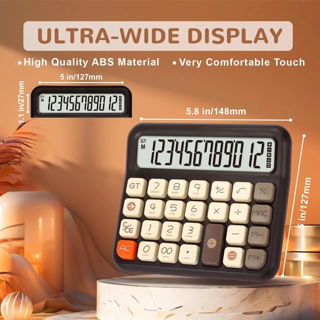 Alt view image 2 of 7 - Cute Desk Calculator, 12-Digit LCD, Typewriter-Style Keys, Brown Desktop Basic Calculator with Big Buttons, 5-Inch Display, Battery Powered, 15° Tilt, Backspace, GT and Memory Functions