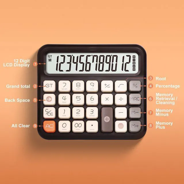Alt view image 6 of 7 - Cute Desk Calculator, 12-Digit LCD, Typewriter-Style Keys, Brown Desktop Basic Calculator with Big Buttons, 5-Inch Display, Battery Powered, 15° Tilt, Backspace, GT and Memory Functions