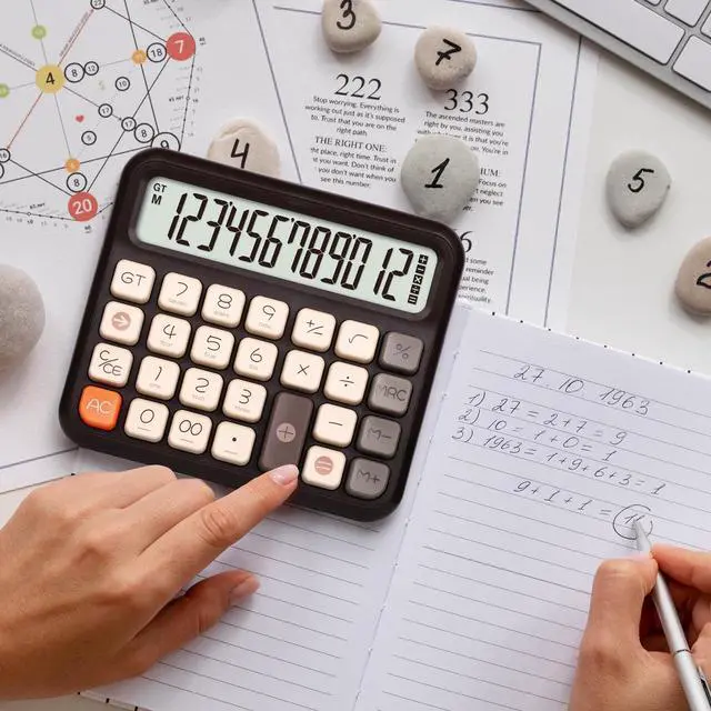 Alt view image 7 of 7 - Cute Desk Calculator, 12-Digit LCD, Typewriter-Style Keys, Brown Desktop Basic Calculator with Big Buttons, 5-Inch Display, Battery Powered, 15° Tilt, Backspace, GT and Memory Functions