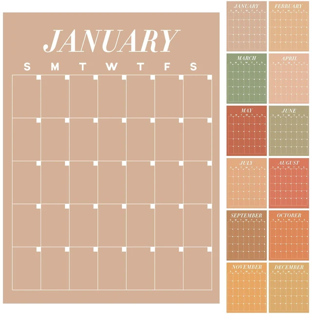 Main image of 12 Pcs Brown Undated Calendars 16' x 20' Large Classroom Erasable Wall Calendar 12 Month Dry Ease Reusable Planning Yearly Blank Planner Reserved Grid for Office Home Educational Study Back to Class