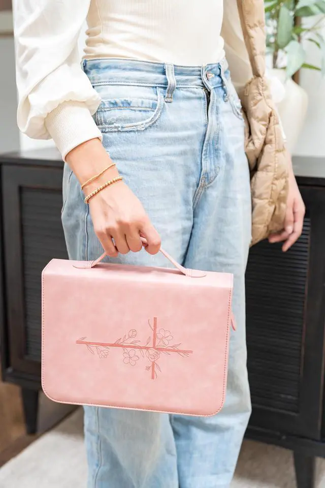 Alt view image 6 of 6 - Bible Cover Case for Women PU Leather Large Bible Case with Minimalist Debossed Design Christian Bible Accessories for Girls & Women (Pink)