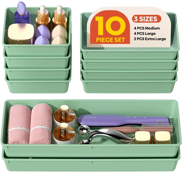 Main image of 10 Pack Large Size Plastic Drawer Organizers Set, 3 Sizes Desk Drawer Organizer Trays, Storage Bins for Vanity, Makeup, Bathroom, Kitchen Utensils and Office (Green)