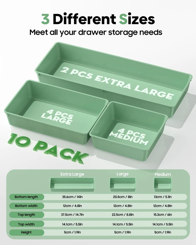 Alt view image 2 of 7 - 10 Pack Large Size Plastic Drawer Organizers Set, 3 Sizes Desk Drawer Organizer Trays, Storage Bins for Vanity, Makeup, Bathroom, Kitchen Utensils and Office (Green)