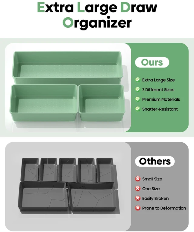 Alt view image 3 of 7 - 10 Pack Large Size Plastic Drawer Organizers Set, 3 Sizes Desk Drawer Organizer Trays, Storage Bins for Vanity, Makeup, Bathroom, Kitchen Utensils and Office (Green)