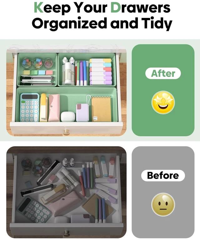 Alt view image 4 of 7 - 10 Pack Large Size Plastic Drawer Organizers Set, 3 Sizes Desk Drawer Organizer Trays, Storage Bins for Vanity, Makeup, Bathroom, Kitchen Utensils and Office (Green)