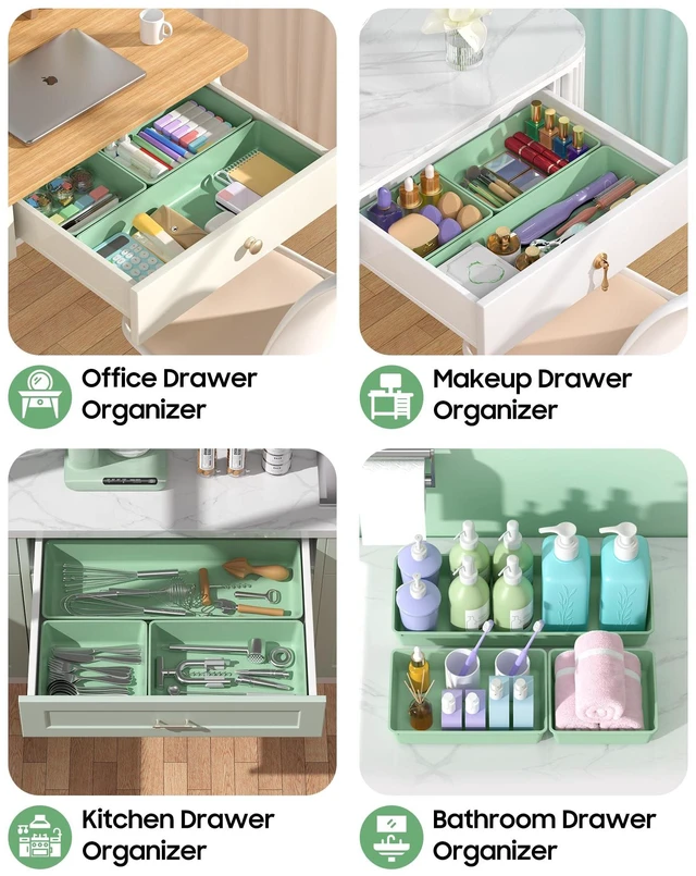 Alt view image 5 of 7 - 10 Pack Large Size Plastic Drawer Organizers Set, 3 Sizes Desk Drawer Organizer Trays, Storage Bins for Vanity, Makeup, Bathroom, Kitchen Utensils and Office (Green)