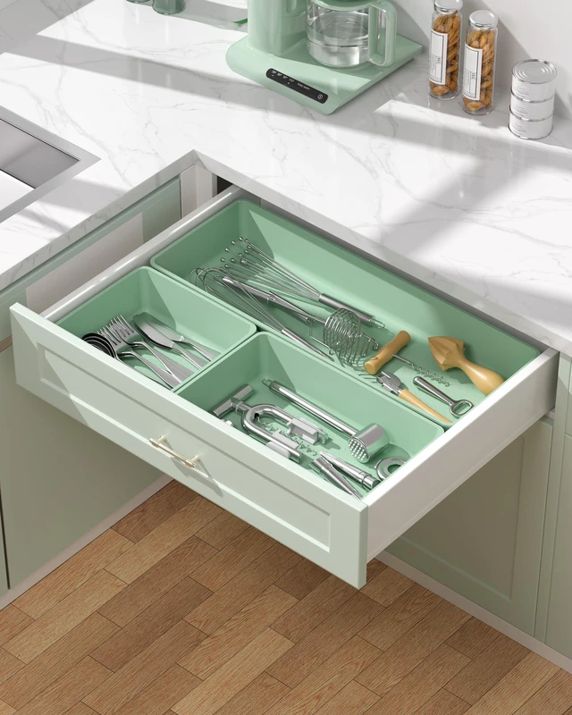 Alt view image 6 of 7 - 10 Pack Large Size Plastic Drawer Organizers Set, 3 Sizes Desk Drawer Organizer Trays, Storage Bins for Vanity, Makeup, Bathroom, Kitchen Utensils and Office (Green)
