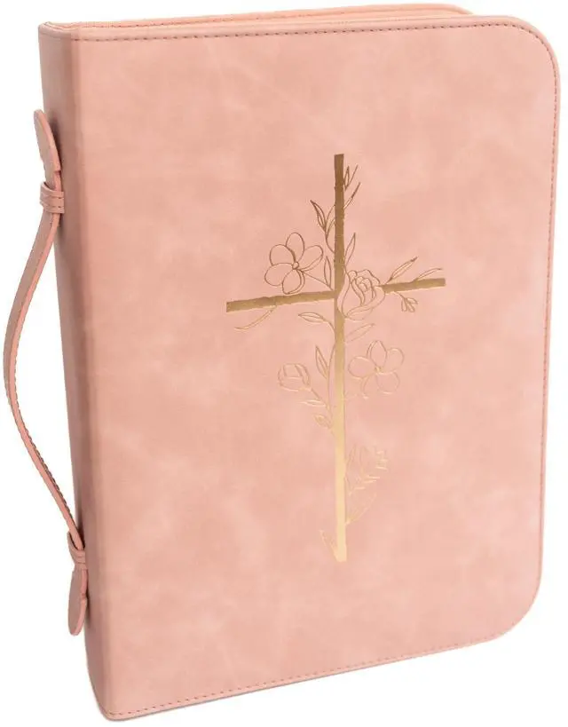 Main image of Bible Cover Case for Women PU Leather Large Bible Case with Minimalist Debossed Design Christian Bible Accessories for Girls & Women (Pink/Gold)