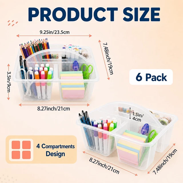Alt view image 2 of 7 - 6 Pack 4 Compartment Classroom Caddy with Handle, Clear Durable plastic, Portable Carry Handle, Versatile Table Caddies for Classroom Organization and Office Supply Storage