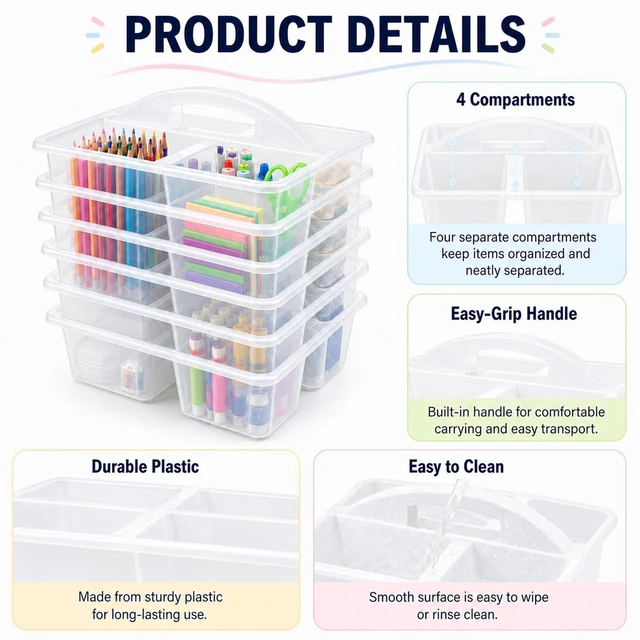 Alt view image 3 of 7 - 6 Pack 4 Compartment Classroom Caddy with Handle, Clear Durable plastic, Portable Carry Handle, Versatile Table Caddies for Classroom Organization and Office Supply Storage