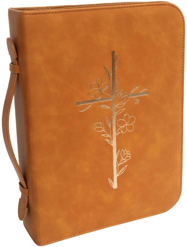 Main image of Bible Cover Case for Women PU Leather Large Bible Case with Minimalist Debossed Design Christian Bible Accessories for Girls & Women (Brown/Gold)