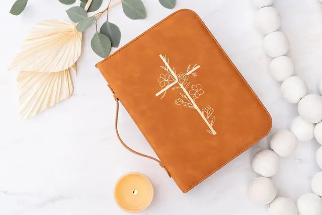 Alt view image 2 of 6 - Bible Cover Case for Women PU Leather Large Bible Case with Minimalist Debossed Design Christian Bible Accessories for Girls & Women (Brown/Gold)