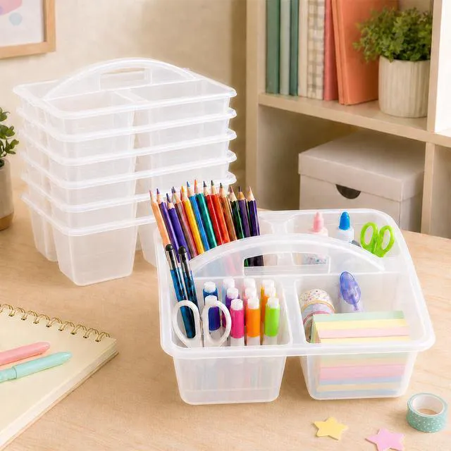 Alt view image 4 of 7 - 6 Pack 4 Compartment Classroom Caddy with Handle, Clear Durable plastic, Portable Carry Handle, Versatile Table Caddies for Classroom Organization and Office Supply Storage
