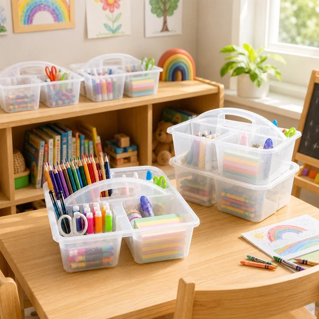 Alt view image 6 of 7 - 6 Pack 4 Compartment Classroom Caddy with Handle, Clear Durable plastic, Portable Carry Handle, Versatile Table Caddies for Classroom Organization and Office Supply Storage