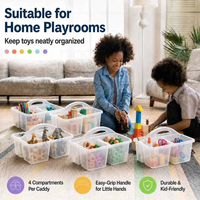 Alt view image 5 of 7 - 6 Pack 4 Compartment Classroom Caddy with Handle, Clear Durable plastic, Portable Carry Handle, Versatile Table Caddies for Classroom Organization and Office Supply Storage