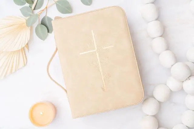 Alt view image 2 of 6 - Bible Cover Case for Women PU Leather Large Bible Case with Minimalist Debossed Design Christian Bible Accessories for Girls & Women (Beige/Gold)