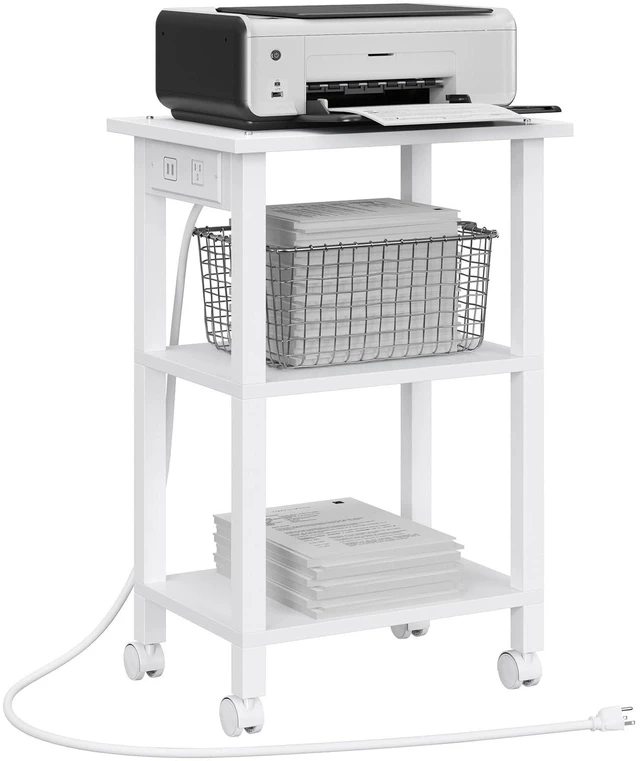 Main image of Printer Stand, 3 Tier Rolling Printer Cart with Charging Station Small Under Desk Printer Table with Wheels for Small Space, Office, Home, White PS02BW001