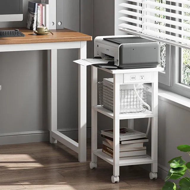 Alt view image 2 of 7 - Printer Stand, 3 Tier Rolling Printer Cart with Charging Station Small Under Desk Printer Table with Wheels for Small Space, Office, Home, White PS02BW001
