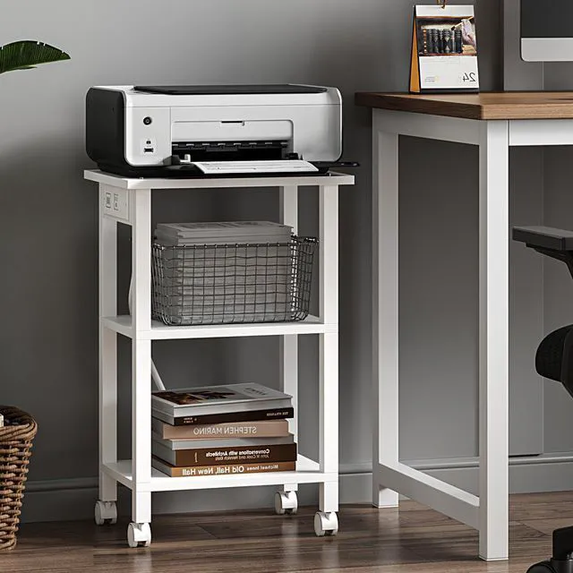 Alt view image 3 of 7 - Printer Stand, 3 Tier Rolling Printer Cart with Charging Station Small Under Desk Printer Table with Wheels for Small Space, Office, Home, White PS02BW001