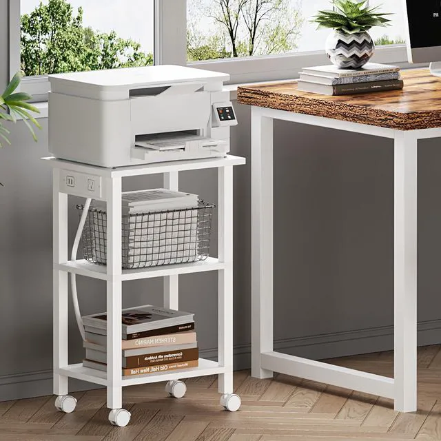 Alt view image 4 of 7 - Printer Stand, 3 Tier Rolling Printer Cart with Charging Station Small Under Desk Printer Table with Wheels for Small Space, Office, Home, White PS02BW001