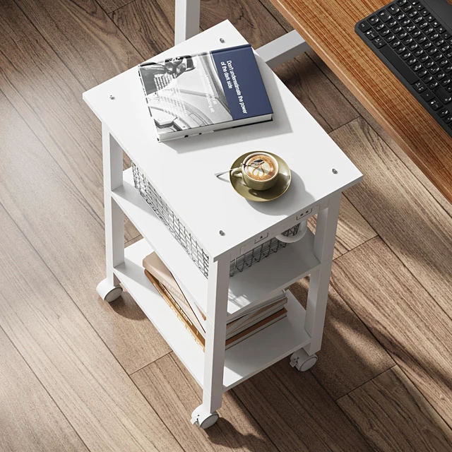 Alt view image 5 of 7 - Printer Stand, 3 Tier Rolling Printer Cart with Charging Station Small Under Desk Printer Table with Wheels for Small Space, Office, Home, White PS02BW001