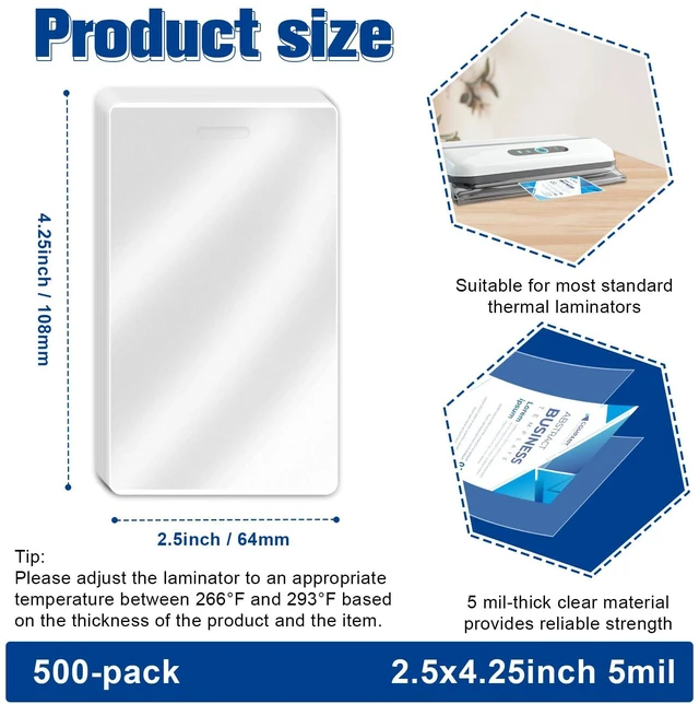 Alt view image 2 of 7 - 500 Pack 5mil 2.5x4.2" Thermal Laminating Pouches Badge Laminate Pouches Clear Laminated Luggage Tags Printable Laminator Pouches for Business Permits Cards (500, 2.5" x 4.2"-5mil-with Holes)