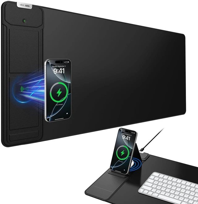 Main image of Mouse Pad with Wireless Charging & Foldable Phone Holder, 27.5"x11.8" Black Desk Protector with Stitched Edges, Non-Slip Base, Laptop Desk Mat, Waterproof Writing Pad for Office & Home