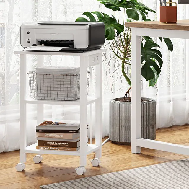 Alt view image 6 of 7 - Printer Stand, 3 Tier Rolling Printer Cart with Charging Station Small Under Desk Printer Table with Wheels for Small Space, Office, Home, White PS02BW001