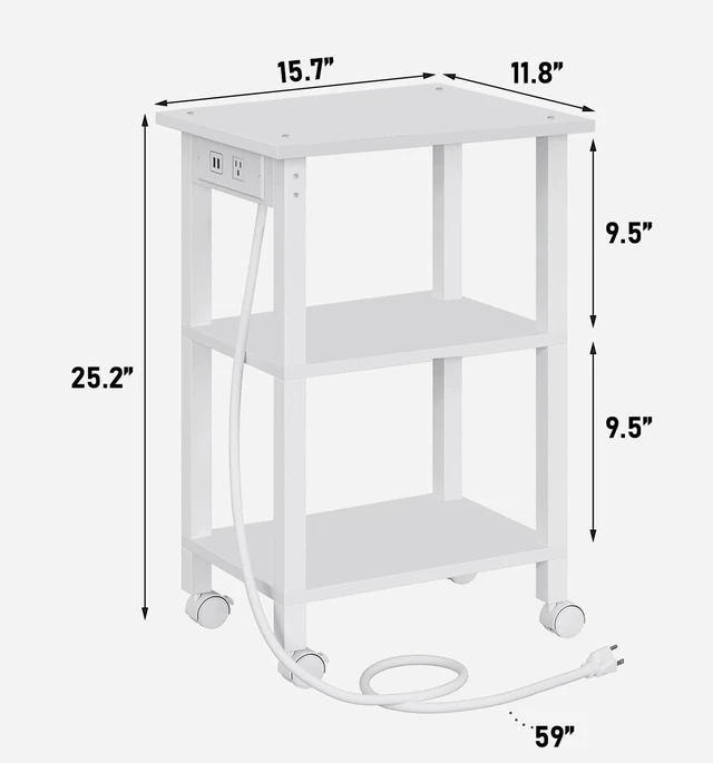 Alt view image 7 of 7 - Printer Stand, 3 Tier Rolling Printer Cart with Charging Station Small Under Desk Printer Table with Wheels for Small Space, Office, Home, White PS02BW001