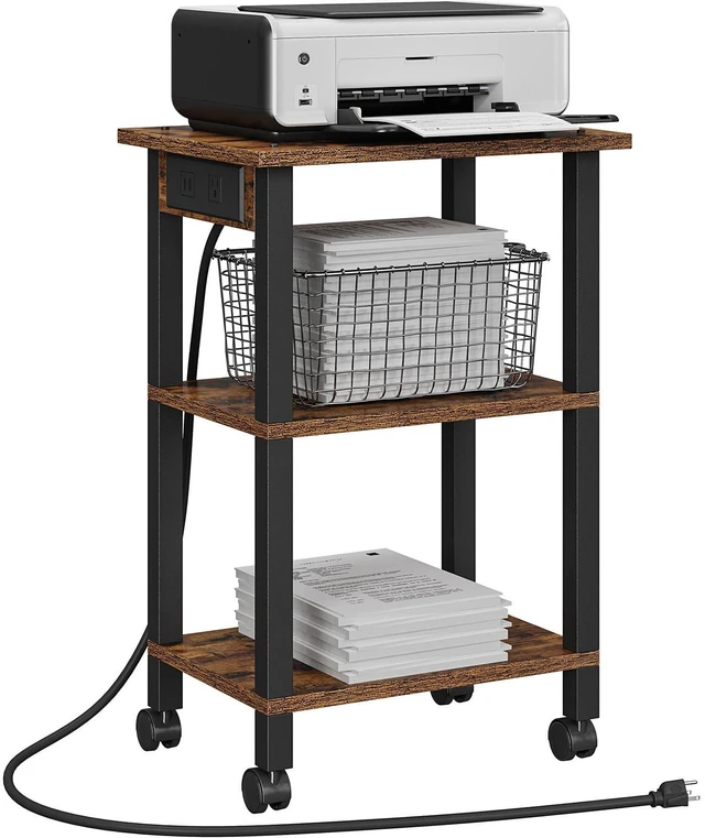 Main image of Printer Stand, 3 Tier Rolling Printer Cart with Charging Station Small Under Desk Printer Table with Wheels for Small Space, Office, Home, Brown PS02BB001