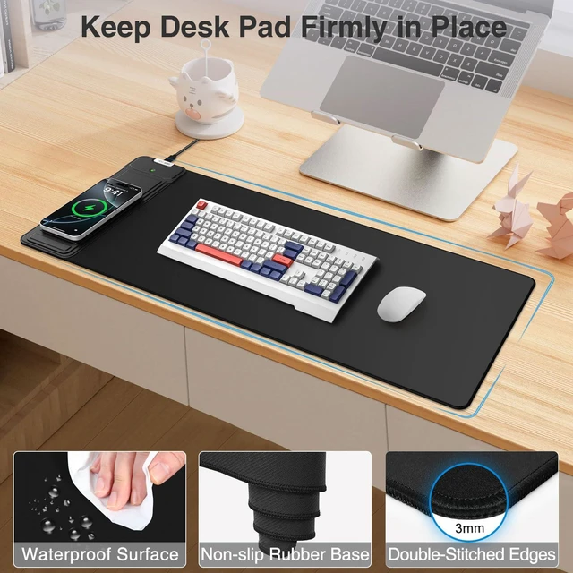 Alt view image 5 of 7 - Mouse Pad with Wireless Charging & Foldable Phone Holder, 27.5"x11.8" Black Desk Protector with Stitched Edges, Non-Slip Base, Laptop Desk Mat, Waterproof Writing Pad for Office & Home