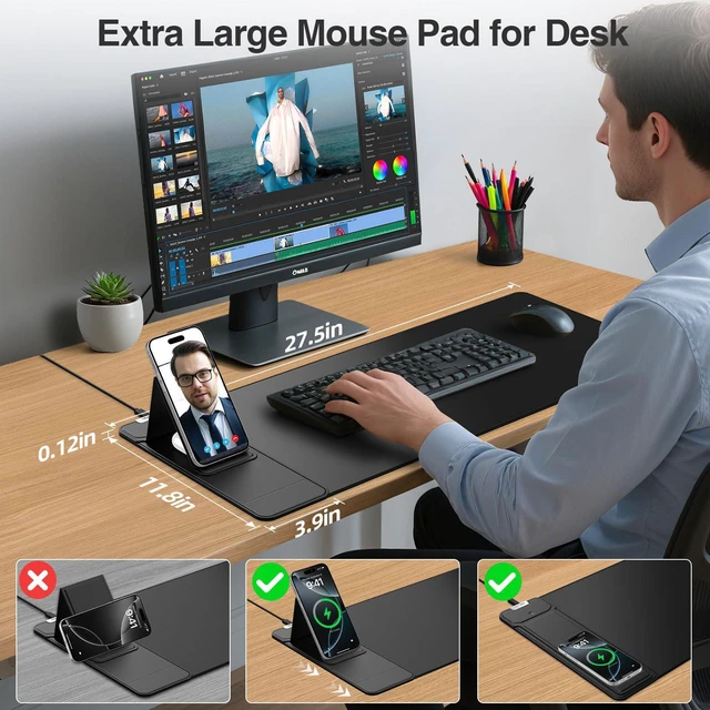 Alt view image 3 of 7 - Mouse Pad with Wireless Charging & Foldable Phone Holder, 27.5"x11.8" Black Desk Protector with Stitched Edges, Non-Slip Base, Laptop Desk Mat, Waterproof Writing Pad for Office & Home