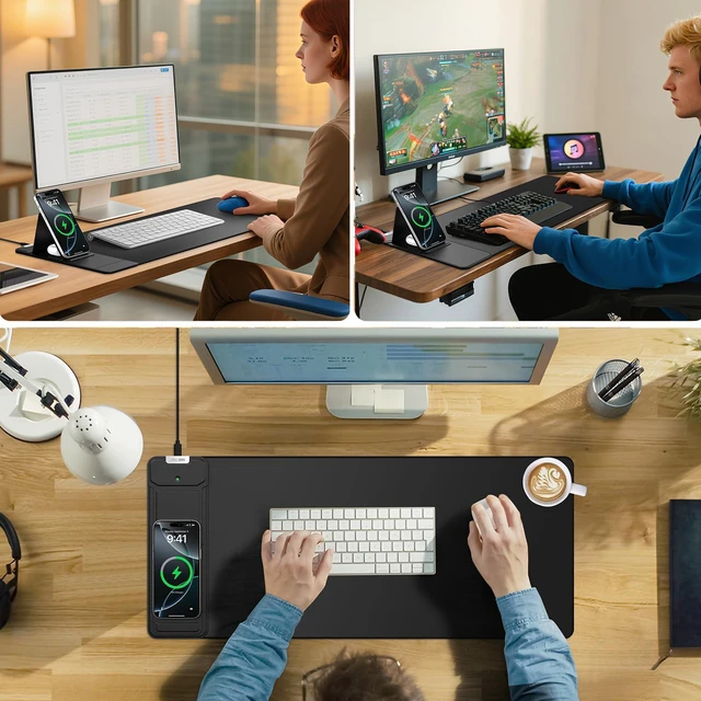 Alt view image 6 of 7 - Mouse Pad with Wireless Charging & Foldable Phone Holder, 27.5"x11.8" Black Desk Protector with Stitched Edges, Non-Slip Base, Laptop Desk Mat, Waterproof Writing Pad for Office & Home