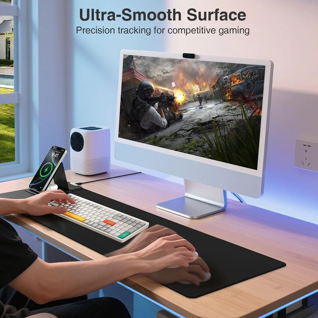 Alt view image 4 of 7 - Mouse Pad with Wireless Charging & Foldable Phone Holder, 27.5"x11.8" Black Desk Protector with Stitched Edges, Non-Slip Base, Laptop Desk Mat, Waterproof Writing Pad for Office & Home