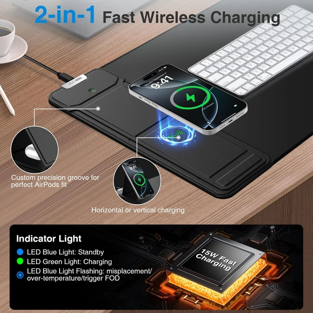 Alt view image 2 of 7 - Mouse Pad with Wireless Charging & Foldable Phone Holder, 27.5"x11.8" Black Desk Protector with Stitched Edges, Non-Slip Base, Laptop Desk Mat, Waterproof Writing Pad for Office & Home