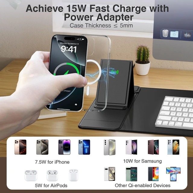 Alt view image 7 of 7 - Mouse Pad with Wireless Charging & Foldable Phone Holder, 27.5"x11.8" Black Desk Protector with Stitched Edges, Non-Slip Base, Laptop Desk Mat, Waterproof Writing Pad for Office & Home